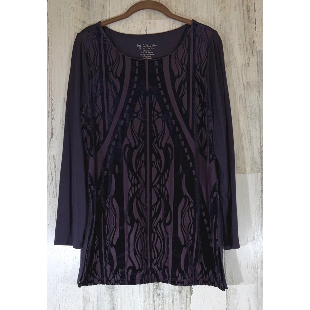 By Chicos Tunic Sz 1 Medium Purple Velvet Burnout Artsy Ornate Tribal Jeweltone